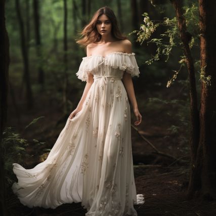 Crafted from lightweight chiffon and lace, this ethereal gown boasts a delicate off-the-shoulder neckline and fluttering sleeves. The dress is adorned with hand-embroidered wildflowers and leaves, creating a whimsical and free-spirited look perfect for a beach or forest wedding. Flowy Embroidered Wedding Dress, Off Shoulder Fairy Dress, Forest Core Wedding Dress, Off Shoulder Beach Wedding Dress, Forest Wedding Gown, Romantic Forest Wedding Dress, Small Forest Wedding Dress, Fairy Wedding Dress Green, Whimsical Forest Fairy Wedding Dress