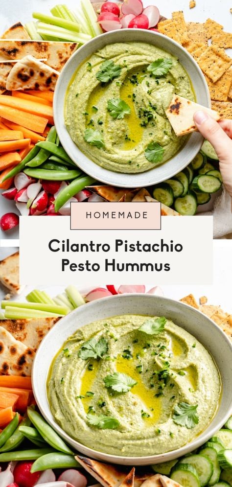 Fresh and flavorful pesto hummus made with homemade cilantro pistachio pesto for the most delicious dip, spread, and even sauce! This easy pesto hummus recipe comes together in under 30 minutes and will be your new favorite appetizer or snack. #hummus #vegan #healthysnack #healthyappetizer #pesto Pistachio Hummus, Hummus Flavors, Vegan Pesto Recipe, Pesto Hummus, Hummus Recipe Homemade, Cilantro Pesto, Pistachio Pesto, Ambitious Kitchen, Healthy Appetizer Recipes