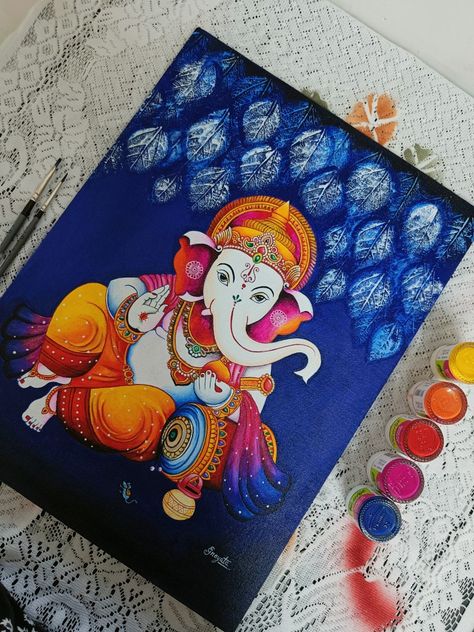 Hindu Paintings Canvases, Canvas Painting Of Ganesha, Ganpati Paintings Canvases, Ganesh Painting Canvases, Ganesha Painting Simple, Ganesh Art Paintings Beautiful, Ganesh Ji Painting On Canvas, Ganpati Paintings Acrylics, Ganpati Paintings Creative