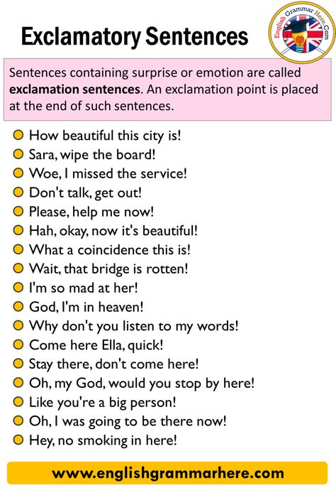 Exclamatory Sentence, Definition and Examples - English Grammar Here Exclamatory Sentences, Declarative Sentences, Ways To Say Congratulations, Ways To Say Said, Basic English Sentences, Ways To Say Hello, Some Sentences, Sentence Examples, Conversational English