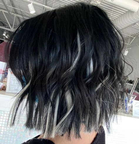 Black Bob Hair With Highlights, Black Hair Blonde Underneath Short, Black Short Hair With Blonde Highlights, Lob With Peekaboo Highlights, Sliver Streaks Black Hair, Short Black Hair With Highlights Ideas, Black With Silver Hair, Black Hair With Peak A Boo Color, Black Hair With Platinum Highlights Short Hair