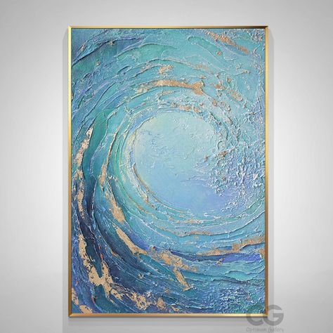 Ocean Wave Painting, Ocean Wave Wall Art, Spiritual Wall Decor, Ocean Waves Painting, Gold Abstract Painting, Green Beach, Canvas For Beginners, Stretched Painting, Wave Painting