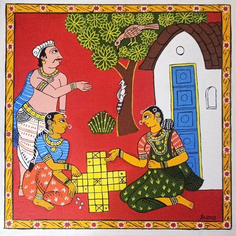 Cheriyal painting, Acrylics, 12" x 12" canvas board Chitrakathi Paintings, Cherial Paintings, Cheriyal Art, Cheriyal Paintings, Ethnic Aesthetic, Art Forms Of India, Phad Painting, Drawing Pics, God Painting