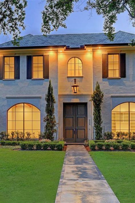 Large Arched Windows Exterior, Arch Windows Exterior, Arched Windows Exterior, Modern French Homes, French Country Mansion, French Fireplace Mantel, Arch Windows, French Mansion, Exterior Windows