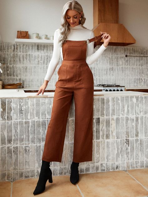 Rust Brown Preppy  Sleeveless Polyester Plain Overall Embellished Non-Stretch Spring/Fall Women Jumpsuits & Bodysuits Fall Jumpsuit Outfit, Suspender Jumpsuit, Brown Jumpsuits, Jumpsuit Fall, Corduroy Overalls, Plus Swimwear, Matching Swimwear, Jumpsuit Outfit, Swimwear Outfit