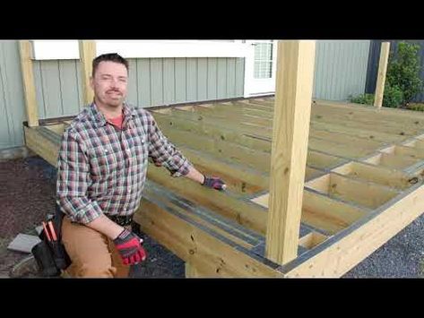 How to Build a 12x16 ft Deck with Trex & Home Depot Part 1 | DIY Decking 12 X 12 Deck Ideas, Diy Trex Deck, Small Front Deck, Trex Deck Ideas, Diy Decking, Cement Steps, Deck Cost, Pressure Treated Deck, High Deck