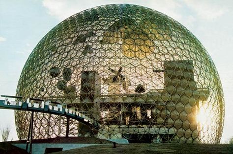 Geodesic Dome designed by Buckminster Fuller.  A relic of Montreal's Expo 67, it now houses the Biosphere, a museum dedicated to water and the environment.  It is located in Mobntreal's Olympic village along with many other sights worth seeing. Expo 67 Montreal, Richard Buckminster Fuller, Expo 67, Dome Structure, Buckminster Fuller, Oscar Niemeyer, Future Perfect, Geodesic Dome, World's Fair