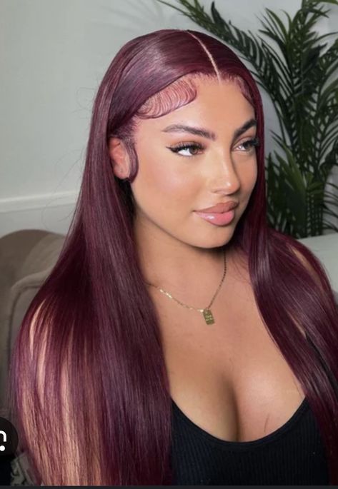 Burgundy Dark Hair, Burgundy Hair Makeup Looks, Dark Purple Red Hair, Purple Hair Dark Skin, Burgandy Hair Color, Red Magenta Hair, Cranberry Hair Color, Burgundy Dyed Hair, Eggplant Hair Color