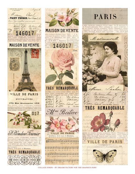 collage strips printable Paris Stickers Printable, Journal Designs Printable, Vintage French Aesthetic, Agenda Vintage, Shabby Chic Printables, Vintage Scrapbook Paper, French Aesthetic, French Ephemera, Etiquette Vintage