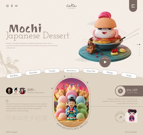 Mochi Japanese Dessert: Landing page/website UIUX by Master Creationz -Global UI UX Design Studio on Dribbble Dessert Website Design, Mochi Design, Mochi Japanese, Mango Chocolate, Brain Energy, Ui Website, Landing Page Website, Big Brain, Japanese Dessert