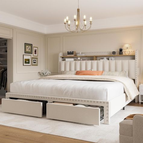 Bed Frame with Storage/ Home Decor Upholstered King Bed Frame, Queen Bed Frame With Storage, Beige Bed Frame, Headboard With Storage, Upholstered Queen Bed Frame, Queen Size Bed Frame, Cama Queen Size, Headboard Queen, Bed Frame With Drawers