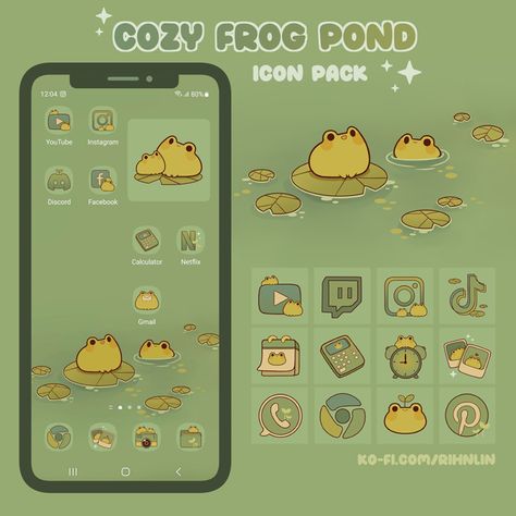 Cute App Design, Frog Phone Theme, Cute Frog Icons, Frog Icon Aesthetic, Frog Wallpaper Desktop, Cozy Icons, Anime Behind Glass, Frog Pond, Desktop Themes