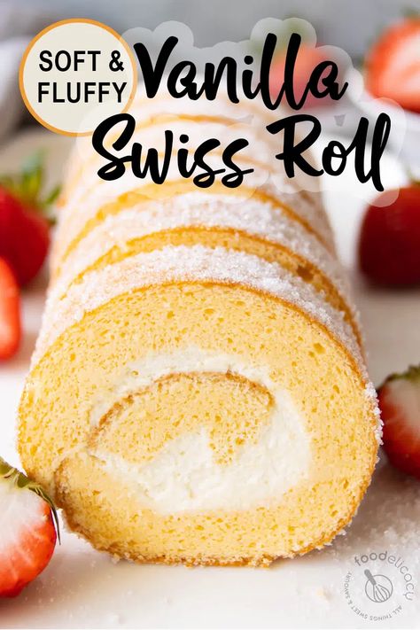 Vanilla Swiss Roll with Chantilly Cream (Vanilla Cake Roll) - Foodelicacy Vanilla Swiss Roll Recipe Sponge Cake, Almond Roll Cake, Vanilla Cake Roll Easy, Cake Roll Vanilla, Cake Roll Filling Ideas, Deco Roll Cake Recipe, Swiss Roll Cake Filling, Meringue Swiss Roll, Best Cake Roll Recipe