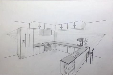 2 Point Perspective Drawing, Bathroom Drawing, 2 Point Perspective, 1 Point Perspective, Interior Design Sketchbook, Perspective Drawings, Small Living Room Furniture, Kitchen Drawing, Perspective Drawing Architecture