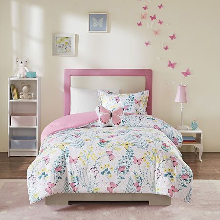 The mi zone kids Caroline printed butterfly comforter set offers an enchanting update to your child’s bedroom. A colorful butterfly print is beautifully displayed on the face of the ultra-soft comforter, for a cute and charming look. The solid pink reverse complements the top of the bed, while matching shams (1 in twin sizes) with a 1-inch flange pair perfectly with the comforter. A butterfly shaped decorative pillow adds an adorable finishing touch to complement the comforter set. Hypoallergenic filling in the comforter and decorative pillow provides exceptional softness and comfort. Machine washable for easy care, this butterfly comforter set brings a cute and whimsical update to your child’s bedroom. This bedding set also uses an antimicrobial treatment that provides built-i Katie White, Butterfly Bedding Set, Full Comforter Sets, Butterfly Bedding, How To Clean Pillows, Twin Comforter Sets, Kids Bedding Sets, Twin Comforter, Colorful Butterfly