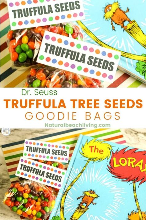 You're going to love The Lorax Goodie Bag Ideas that you find here! Use these Truffula tree seeds printables for Dr. Seuss party bags or Earth Day Activities and the possibilities are endless for gift ideas. Truffula Seeds, Dr Seuss Treats, Dr Seuss Printables, Lorax Birthday, Lorax Party, Doctor Suess Birthday, Dr Seuss Party Ideas, Goodie Bag Ideas, Truffula Tree