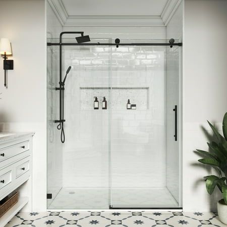 This frameless single sliding shower door by MCOCOD not only pushes and pulls smoothly, but also has unique Soft-closing System, the thick glass offers a luxurious, heavier feel, bringing comfortable and unbreakable safety experience. The combination of double-sided easy-clean glass and elegant hardware accessories, creating a more spacious, open look in your bathroom, make your shower room more elegant and decorative. Easy and quick installation. Single side shower access with reversible instal Small Bathroom Frameless Shower Door, Rolling Glass Shower Door, Barn Door Shower Door, Glass Shower Doors Frameless Walk In, Closed Shower Ideas, Small Bathroom Shower Door, Shower Door Small, Glassless Shower Walk In, Farmhouse Bathroom Shower Ideas