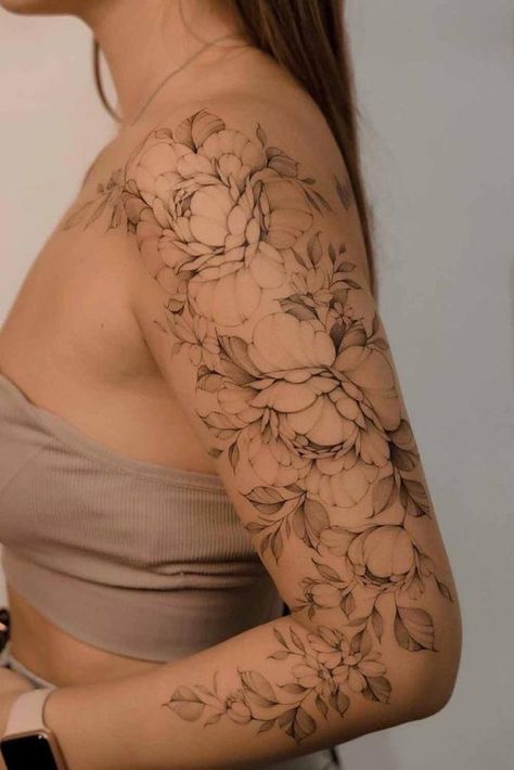 Flowers Wrapped Around Arm Tattoo Color, Female Half Leg Sleeve Tattoo, Fine Line Realism Tattoo Sleeve, Peony And Hibiscus Tattoo, Creative Fine Line Tattoos, Redbone Tattoo, Feminine Half Sleeve Tattoo Forearm, Upper Arm Flower Tattoos For Women, Floral Half Sleeve Tattoo Upper Arm