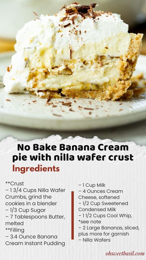 Oh my goodness, this no bake banana cream pie with nilla wafer crust was so easy to make and so creamy! Banana Cream Pie With Nilla Wafers, Nilla Wafer Banana Cream Pie, Banana Cream Pie With Vanilla Wafers, Vanilla Wafer Pie Crust Recipe, Vanilla Wafer Pie Crust, No Bake Banana Cream Pie, Nilla Wafer Crust, Vanilla Wafer Crust, Bake Banana