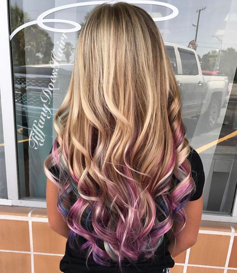 Blonde, pastel pink, purple and blue peekaboo highlights 13 Likes, 1 Comments - Tiffany Allen (@tiffanydoeshairr) on Instagram: “Unicorn hair today!” Purple Curls, Pink Peekaboo, Kids Hair Color, Peekaboo Highlights, Peekaboo Hair, Fire And Blood, Feeling Pretty, Ombré Hair, Super Hair