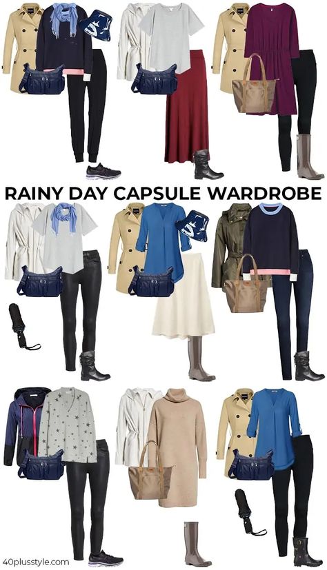 Casual Spring Rainy Day Outfits, Rainy Capsule Wardrobe, Rainy Spring Outfit Work, Rainy Day Business Casual, Rainy Day Outfit For Work Summer, Rainy Day Business Casual Outfits, Rainy Day Work Outfit, Rainy Day Outfit Summer, Outfit For Rainy Day