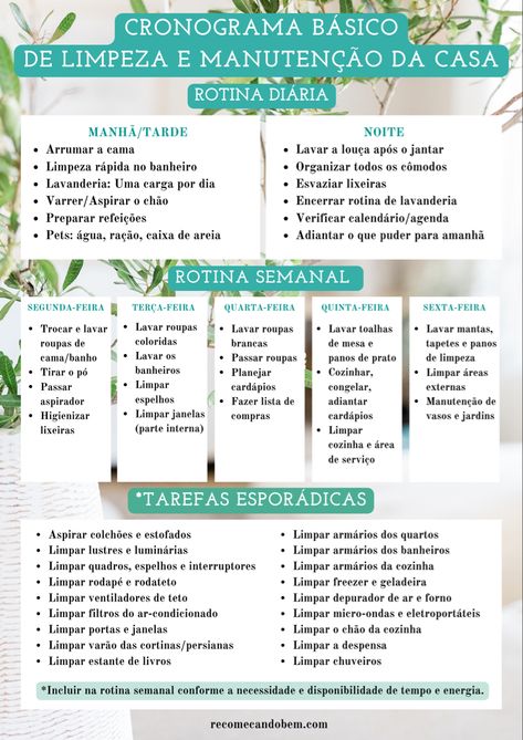 Checklist Casa Nova, Household Cleaning Schedule, Self Help Skills, Organized Lifestyle, House Cleaning Checklist, Clean Bedroom, Cleaning Checklist, Cleaning Schedule, Home Design Decor