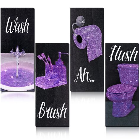 PRICES MAY VARY. Purple Bathroom decoration: the package content contains 4 pieces of fashion wall art bathroom decor in different styles, beautiful and elegant, sufficient quantity and various patterns can support your daily use and replacement needs, helping you enjoy leisure shower time or bath time Purple Glitter Bathroom Decor: these modern women funny bathroom decors are decorated with purple glitter decor, and printed with letters of [Flush], [Ah], [Brush], [Wash], funny and noticeable; T Purple And Black Bathroom Decor, Purple And Silver Bathroom Ideas, Purple And Gold Bathroom Decor, Lavender Bathroom Ideas Decor, White Glam Bathroom, Disco Bathroom Decor, Purple Bathroom Ideas Decor, Purple Bathroom Decor Ideas, Gray And Purple Bathroom