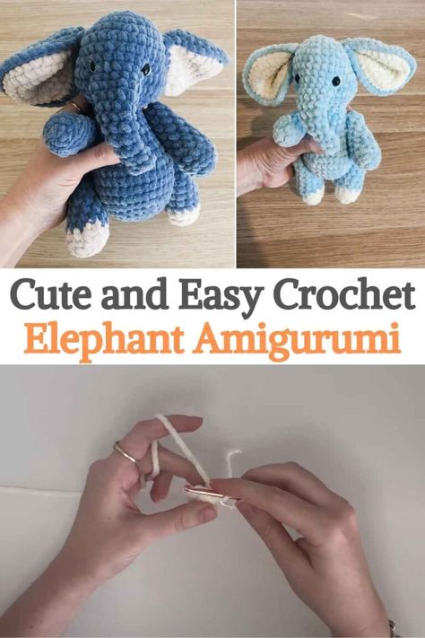 This is a project to crochet this adorable stuffed elephant. Evie Elephant is so soft and cuddly; she will surely be a best friend to you or a loved one. The instructions are clear and neat and contain photos of every step of the way. This project is ideal for Beginners and Intermediate crocheters. The original size of the project is: 23 cm / 9 inches, depending on the materials used, also please note that safety eyes are NOT recommended for children under 3 years of age. Crochet Elephant Pattern Free, Cute And Easy Crochet, Baby Elephant Toy, Amigurumi Elephant Pattern, Elephant Amigurumi, Crochet Elephant Pattern, Stuffed Elephant, Elephant Stuffed Animal, Animal Ideas