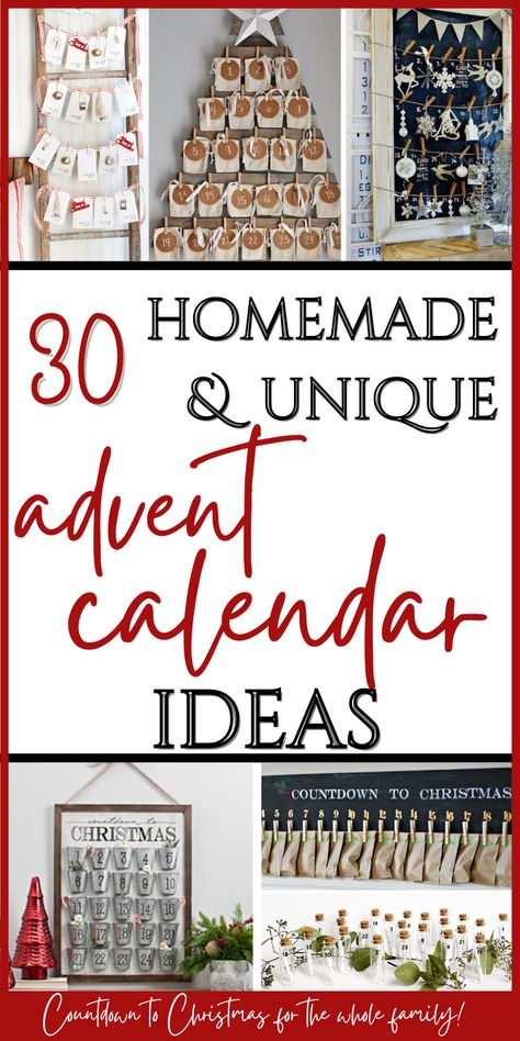 If you love advent activities to do with your family, here are 30 homemade advent calendars! They are beautiful, festive, & double as Christmas decor! You can also download a free printable DIY advent calendars with all kinds of fillers -acts of kindness, activities & Bible verses! If you are short on time, there are options you can buy this season, too! And if you love farmhouse style, this Countdown to Christmas is the perfect addition to Christmas decorations! Diy Xmas Countdown Calendar, Making Your Own Advent Calendar, Advent Calendar Wreath Diy, Easy Advent Calendars To Make, Booze Advent Calendar Diy, Fillable Advent Calendar, Snowman Advent Calendar, Ideas For Advent Calendars, Advent Calendar Decor