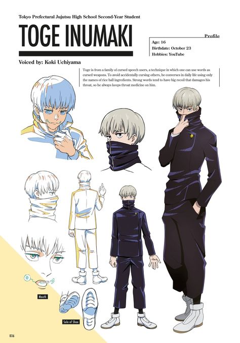 Inumaki Toge Character Design, Jujutsu Kaisen Characters Design, Jujutsu Kaisen Reference Sheet, Jjk Artstyle Study, Jjk Reference Sheet, Jujutsu Kaisen Character Sheet, Inumaki Outfit, Jjk Characters All Together, Jjk Character Sheets