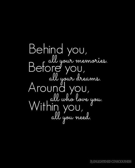 Behind you, all your memories. Before you, all your dreams. Around you, all who love you. Within you, all you need. Value Quotes, Unlock Your Potential, Professional Growth, Walk By Faith, Live Love, Friends Quotes, Daily Quotes, Thoughts Quotes, True Quotes