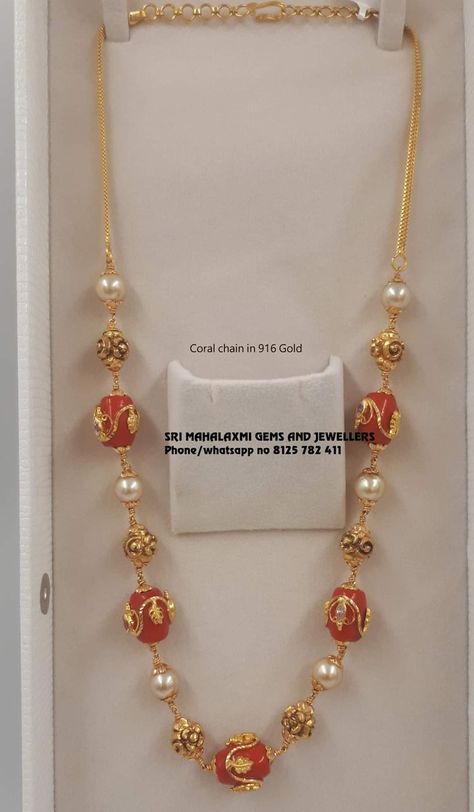 Simple Neckchains Gold, Coral Chain Designs, Coral Gold Jewellery, Latest Gold Pendant Jewelry, Coral Jewelry Indian Gold, Latest Beads Jewellery Designs, Coral Jewelry Set, Perhiasan India, Pearl Jewelry Design