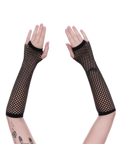 Fishnets On Arms, Arm Fishnets, Ghoulia Cosplay, Fishnet Arm Sleeves, Emo Gloves, Fishnet Arm Warmers, Black Arm Sleeve, Fishnet Sleeves, Net Gloves