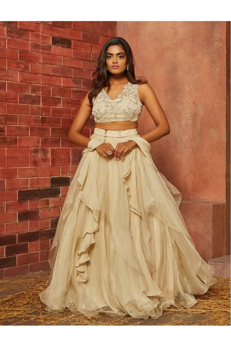 Whats New Layered Lehenga, Ruffle Lehenga, Ruffle Dupatta, Belt With Gold Buckle, Blouse Yoke, Net Blouse, Net Blouses, Embellished Blouse, Wedding Lehenga