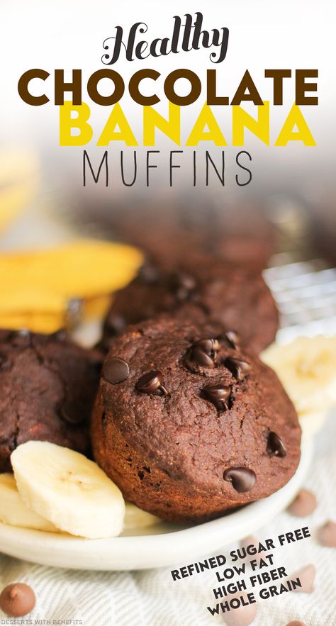 Sweet, moist and fluffy Healthy Chocolate Banana Muffins! Made with extra bananas for flavor, organic stevia for sweetness, a dash of Greek yogurt for moisture, and egg whites for "lift," we don't need any of the sugar, butter or oil! (refined sugar free, low fat, high fiber, 100% whole grain) Extra Bananas, Refined Sugar Free Desserts, Work Breakfast, Healthy Chocolate Banana, Food Alternatives, Low Fat Desserts, Healthier Treats, Chocolate Banana Muffins, Baking Powder Uses