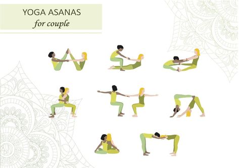 Set of yoga asanas for couple.Vector Yoga For Two, Healthcare Illustration, Yoga Vector, Couple Vector, Couples Yoga Poses, Yoga Challenge Poses, Partner Yoga Poses, Yoga Kids, Group Yoga