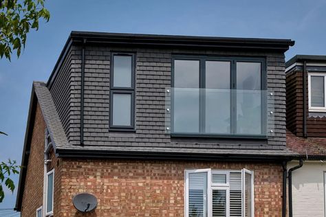 Ask the specialist: Can I add a balcony to my loft conversion? – The Loft Room Loft Conversion Windows Dormer, Loft Dormer Windows, Dormer Loft Conversion Exterior, Dormer Cladding Ideas, Dorma Loft Conversion, Dormer Cladding, Loft Conversion Windows, Loft Conversion Victorian Terrace, Loft Conversion Layout