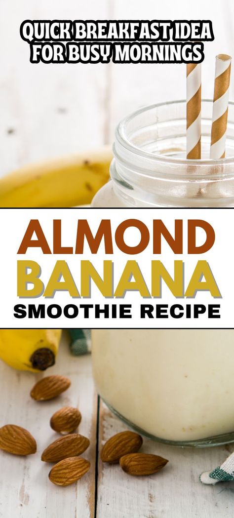 A tall glass of creamy almond banana smoothie topped with fresh banana slices and a sprinkle of crushed almonds, sitting next to a bunch of ripe bananas and a small bowl of almonds on a wooden kitchen counter. Banana Smoothie Recipe Easy, Banana Almond Smoothie, Almond Milk Smoothie Recipes, Veggie Spring Rolls, Almond Smoothie, Smoothies With Almond Milk, Banana Smoothie Recipe, Comfort Soup, Cinnamon Banana