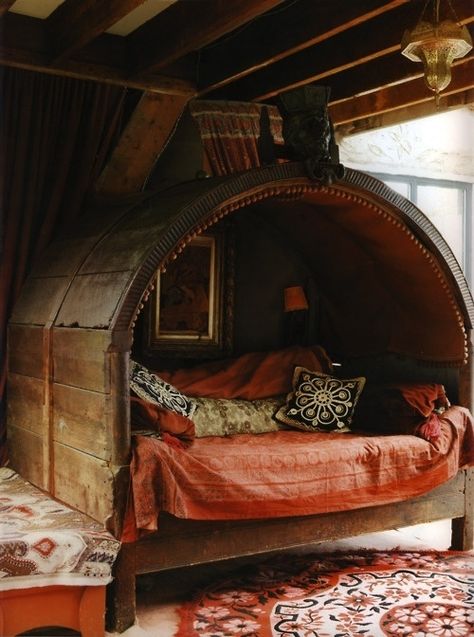 The cavernous bed you never want to crawl back out of. | 30 Impossibly Cozy Pieces Of Furniture You Could Die Happy In Casa Hobbit, Boho Space, Bohemian House, Bohemian Aesthetic, Deco Boheme, Bohol, Happy Mom, Cozy Place, Boho Home