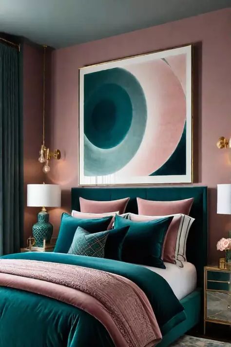 Guest Bedroom Ideas Color Schemes, Mauve And Teal Bedroom, Teal Accent Wall Bedroom, Pink And Teal Bedroom, Teal And Pink Bedroom, Teal Bed, Mauve Bedroom, Royal Blue Bedrooms, Bold Bedroom