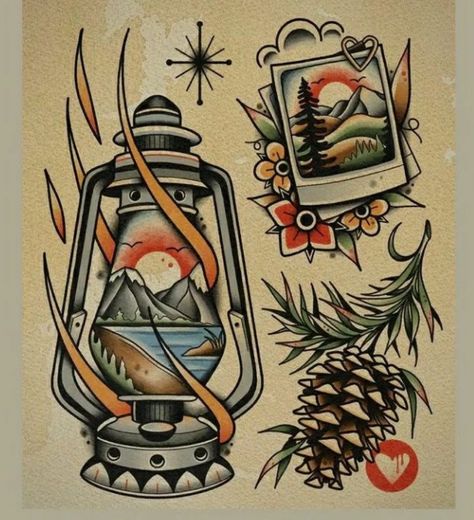 Cabin Tattoo, Traditional Nautical Tattoo, Traditional Compass Tattoo, Traditional Ship Tattoo, American Traditional Sleeve, Leg Tats, Camping Tattoo, Traditional Tattoo Flash Art, Lantern Tattoo