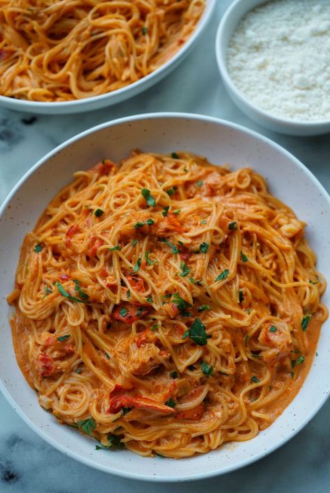 Spicy Lobster Capellini Spicy Lobster Pasta, Lobster Spaghetti Recipe, Capellini Recipes, Lobster Rice, Lobster Pasta Recipe, Spicy Lobster, Lobster Recipe, Lobster Pasta, Spicy Pasta