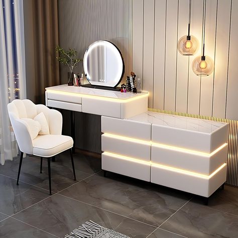 PRICES MAY VARY. BEAUTIFUL LED AMBIENT LIGHT: The biggest highlight of the new Vanity we are proud of is the unique LED ambient light design. When you sit in front of the Vanity Table, press the table with your palm to instantly light up the charming LED ambient light. Warm light gently illuminates your vanity, creating an intoxicating ambience and adding a glamorous glow to your make-up experience. RICH AND ORDERLY STORAGE SPACE: Not only that, our Vanity Table also provides two specifications Vanity For Bedroom, Vanity Table With Drawers, Small Vanity Mirror, White Vanity Mirror, Hd Make Up, Luxury Vanity, Small Dressing Table, Dressing Table With Drawers, Makeup Vanity Table