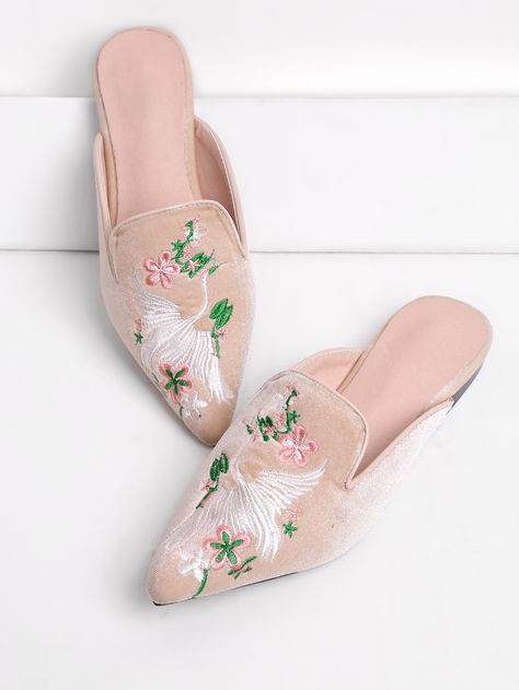 Shop Cranes And Flower Embroidery Flat Mules online. SheIn offers Cranes And Flower Embroidery Flat Mules & more to fit your fashionable needs. Indian Sandals, Lipstick Colour, Embroidery Flats, Embroidered Handbag, Cute Slippers, Embroidery Shoes, Embroidered Shoes, Women's Bags By Style, Fashion Slippers