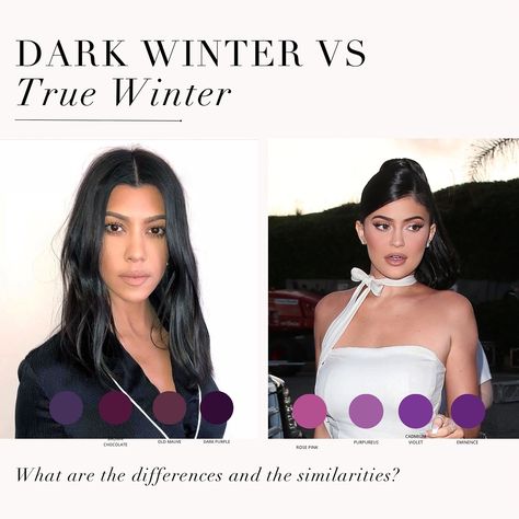 As requested, a True Winter VS Dark Winter comparison 🖤 Dark Winter is also known as Deep Winter. . #coloranalysis #colouranalysis #coloranalyst #winterpalette #truewinter #deepwinter #darkwinter #kyliejenner #kourtneykardashian Hair For Winter Skin Tone, True Winter Hair Color, Dark Winter Makeup, True Winter Hair, Dark Winter Color Palette, Dark Winter Aesthetic, True Winter Palette, True Winter Makeup, Color Analysis Winter