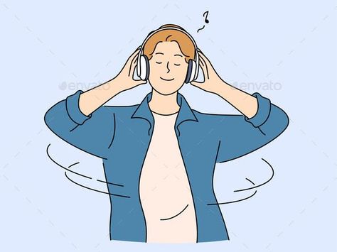 Happy Man Listen Music in Earphones Person With Headphones Drawing, Person Listening To Music Drawing, Cartoon Listening To Music, Guy Listening To Music, Person Listening To Music, Listening To Music Drawing, Headphones Drawing, Music Sketch, Music Clipart