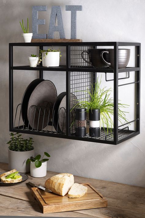 Space saving and stylish, this wall unit is a must-have. Inspired by industrial styling with warm wood and cool metal, this unit features a plate rack and shelf built in and also includes an acacia chopping board. Style with the coordinating Bronx kitchen range. Fixtures not included. Wipe clean only. 70% Metal, 30% Wood. Plate Rack Wall, Kitchen Wall Units, Industrial Kitchen Design, Industrial Style Kitchen, Smart Tiles, Kitchen Interiors, Kitchen Refresh, Plate Rack, Small Kitchen Decor