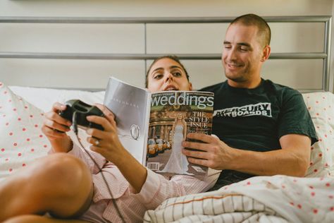 8 Unique Engagement Photo Ideas - love the idea of looking at wedding magazine to announce engagement. Creative Engagement Photos Ideas Funny, Funny Engagement Announcement, Creative Engagement Announcement, Funny Couple Poses, Funny Photos Ideas, Engagement Humor, Fun Engagement Photos, Unique Engagement Photos, Role Reversal