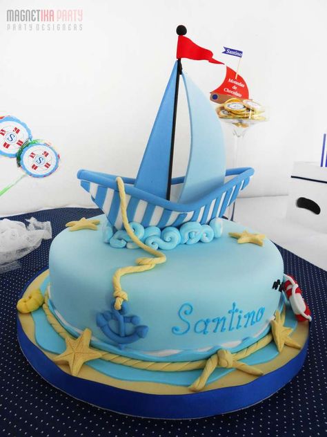 Bautismo Nautico para Santino | CatchMyParty.com Ship Cake Ideas, Ship Birthday Cake, Nautical Cakes, Sailboat Cake, Ship Cake, Baptism Party Ideas, Boat Cake, Nautical Cake, Sea Cakes