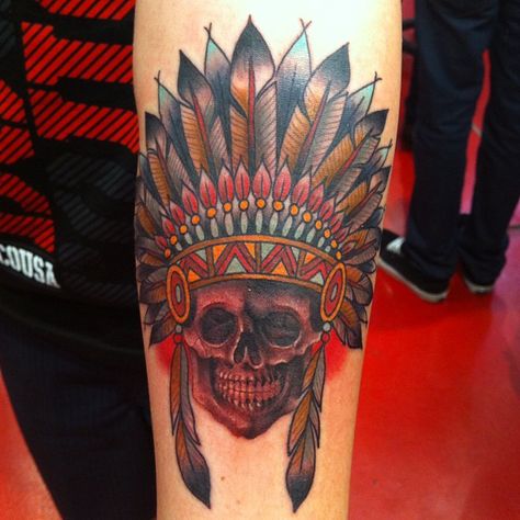 Skull and head dress from today. #skull #nativeamerican #engine #tattoo #dansmith Indian Skull Tattoos, Headdress Tattoo, Tattoo Feather, Tato Tradisional, Skull Sleeve Tattoos, Skull Sleeve, L Tattoo, Indian Skull, Traditional Tattoo Sleeve